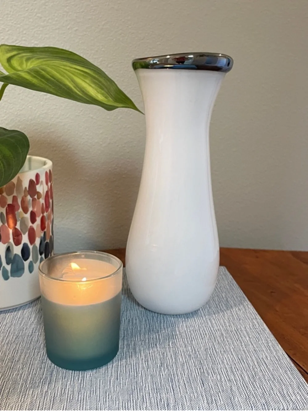 Vintage White Handblown Glass Vase – Chrome Colored Mushroom Rim –  8.5